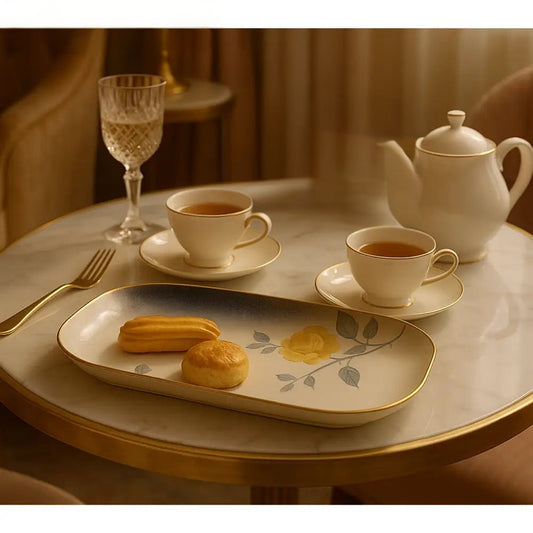 Elegant porcelain serving platter with yellow floral design on marble table with tea set