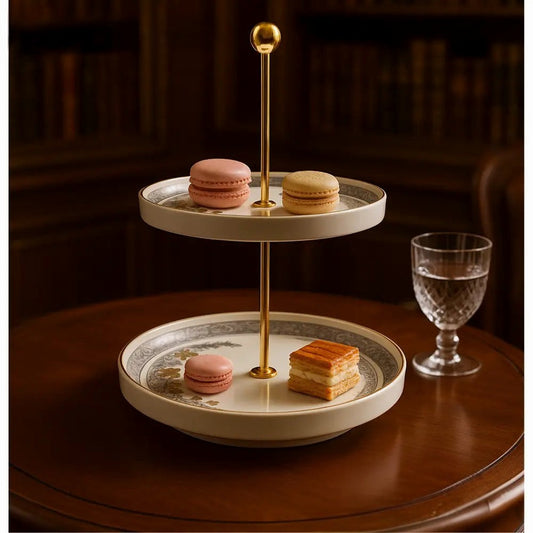 Two-tier elegant serving tray for parties with macarons and layered dessert on wooden table