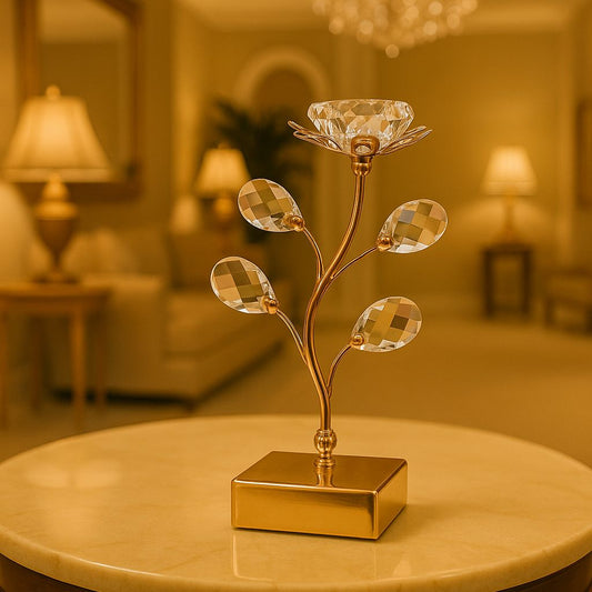 Elegant table Crystal Candle Stand with gold base and decorative crystal leaves on a round table
