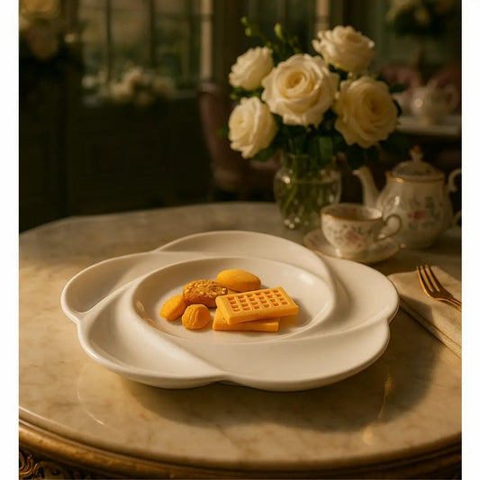 Elegant white dessert tray with floral shape holding assorted cookies on marble table