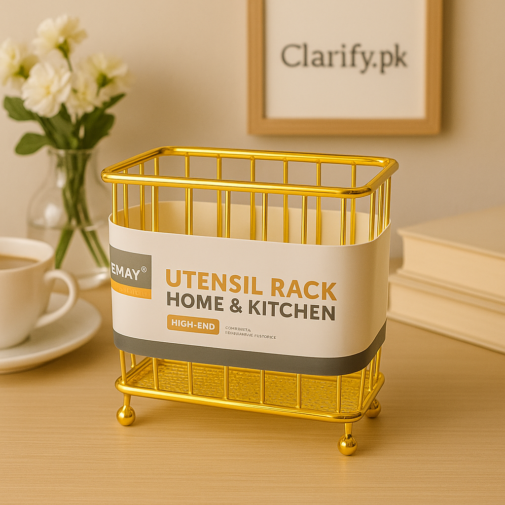 Golden spoon holder rack metal utensil organizer for home and kitchen by Clarify.pk