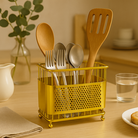 Golden spoon holder rack with multiple compartments holding wooden and metal kitchen utensils on wooden countertop
