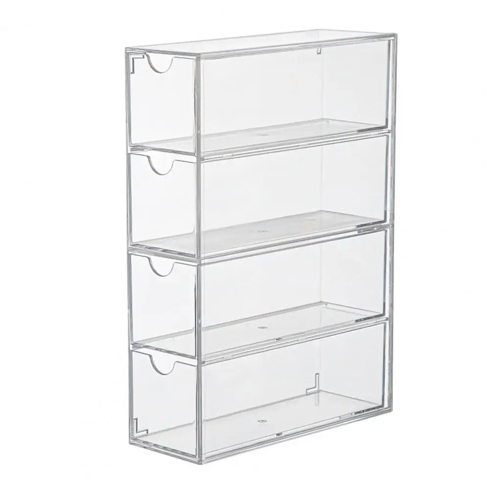 Clear acrylic sunglasses storage box with four stackable drawers for organized eyewear storage