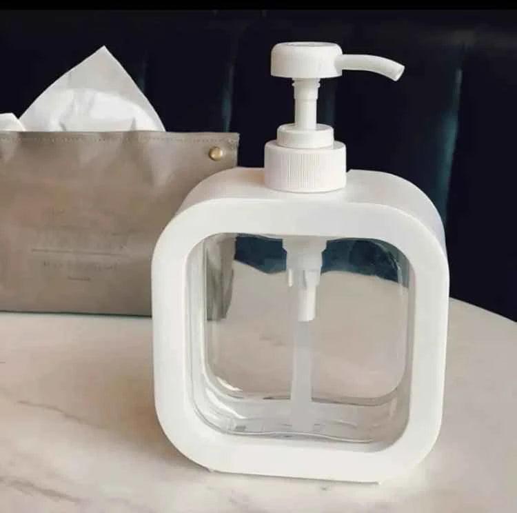 Clear and white square soap dispenser with pump top for liquid soap storage