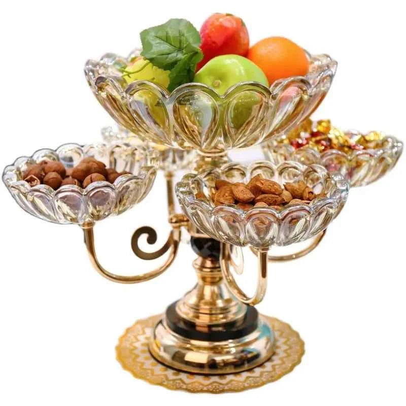 Elegant European ceramic snack tray with four bowls for fruits and nuts in a decorative design