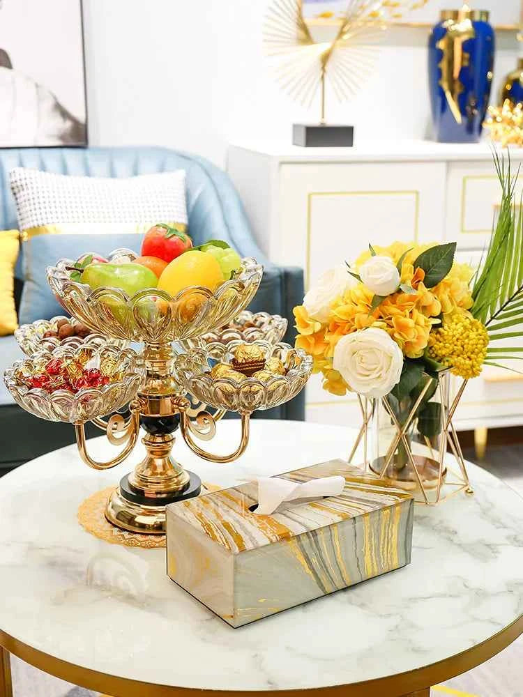 Elegant European ceramic snack tray displayed with fruits and flowers on a stylish coffee table