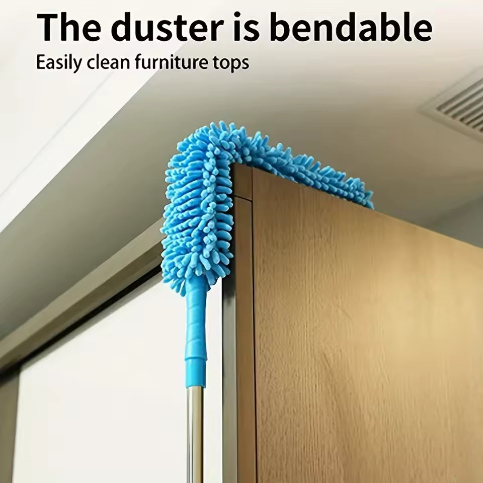 Bendable extendable dust removal brush with blue microfiber head cleaning furniture tops