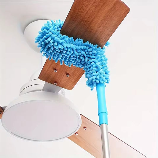 Clarify.pk extendable dust removal brush with blue microfiber cleaning head removing dust from ceiling fan blades