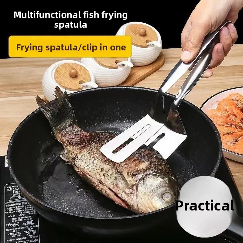 Extra thick stainless steel spatula used for frying whole fish in a black pan at Clarify.pk