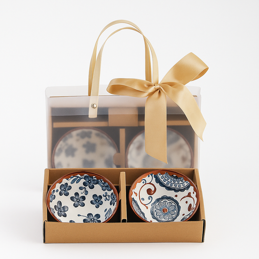 Elegant Japanese Ceramic Bowls with Golden Ribbon Bag – Set of 2