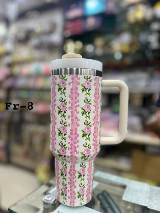Premium Pink Stripes & Roses 40oz Tumbler With Handle – 1200ml