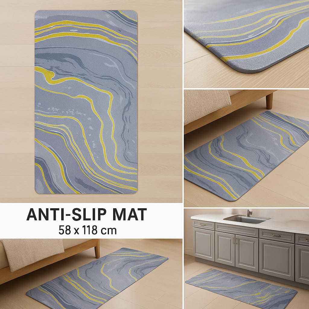 Anti-Slip Rubber Mat – Grey & Yellow Wave Print Floor Rug (58 x 118 cm)