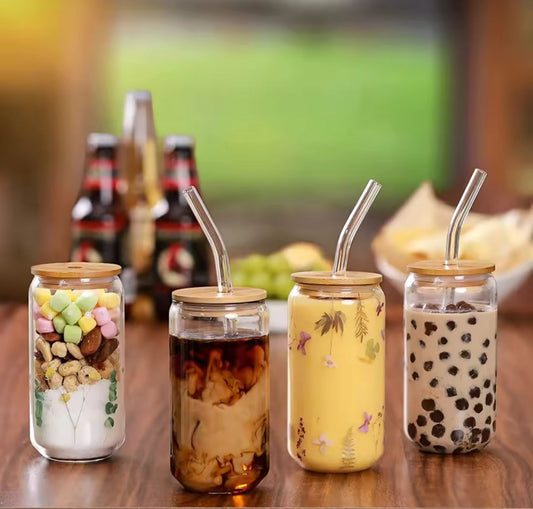 Mason Jar with Wooden Lid & Straw – Round Glass Cup
