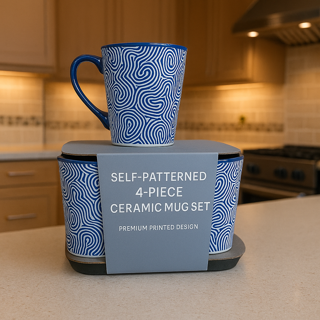 Premium 4-Piece Blue Maze Ceramic Mug Set – Stylish & Durable (Random Print)