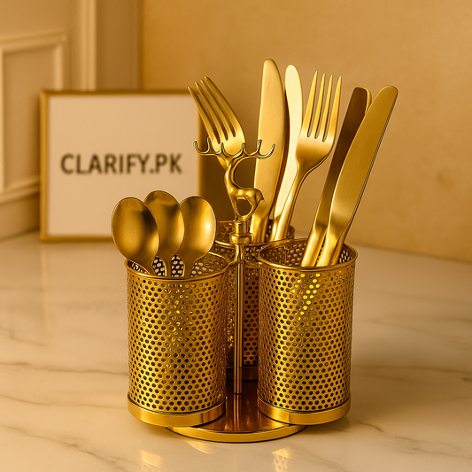 Golden Stainless Steel Cutlery Holder – 3-Section Organizer with Deer Handle
