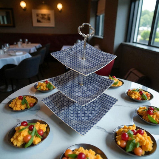 3-Layer Melamine Dessert Stand - Blue Mosaic Serving Tray