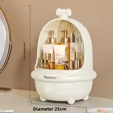 360 degree makeup organizer in cream color with multiple shelves holding cosmetics and skincare bottles
