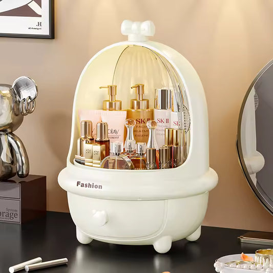 Clarify.pk 360 degree makeup organizer in white holding skincare and cosmetic bottles with elegant design