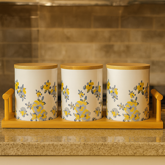 Floral Ceramic Canisters with Bamboo Base – Set of 3