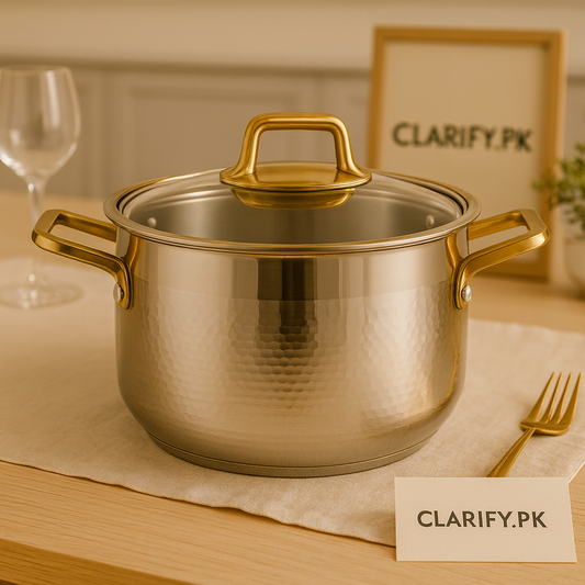 Premium Stainless Steel Cook Pot – Elegant Golden Handle Kitchenware