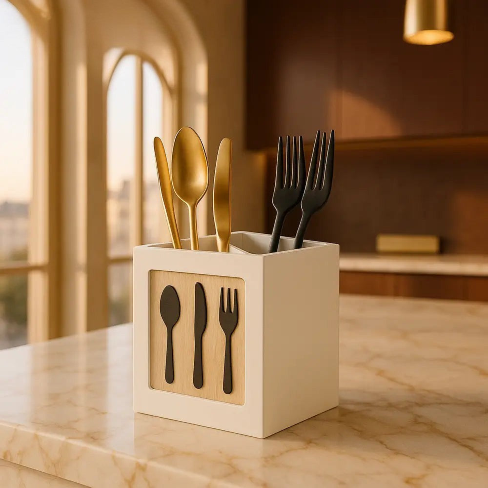 Kitchen Cutlery Organizer Box with Wooden Design