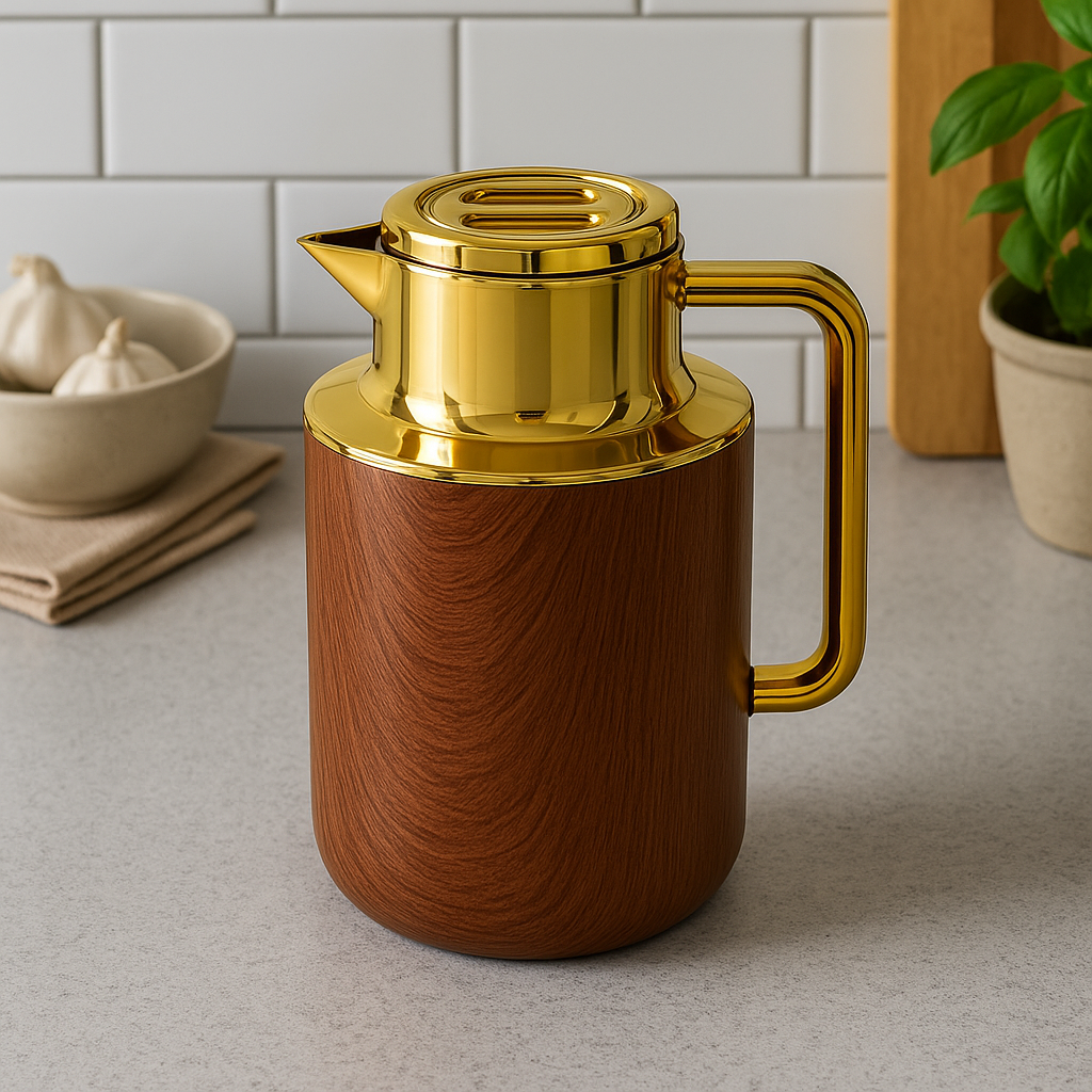 Luxury Wooden Finish Thermos Flask with Golden Lid (1liter)