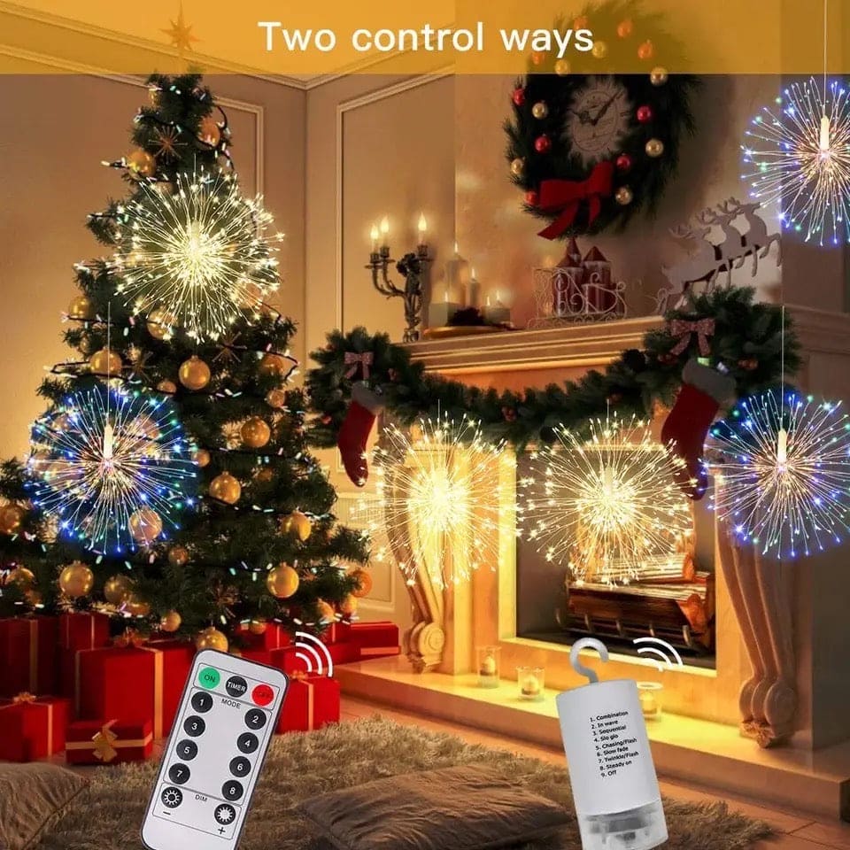 Firework string lights battery operated decorating Christmas tree and fireplace with remote and timer control