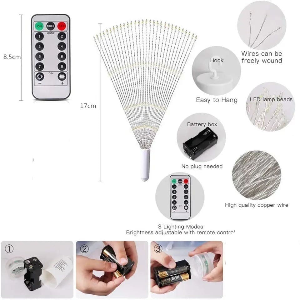 Battery operated firework string lights with remote control and high quality copper wire for easy hanging