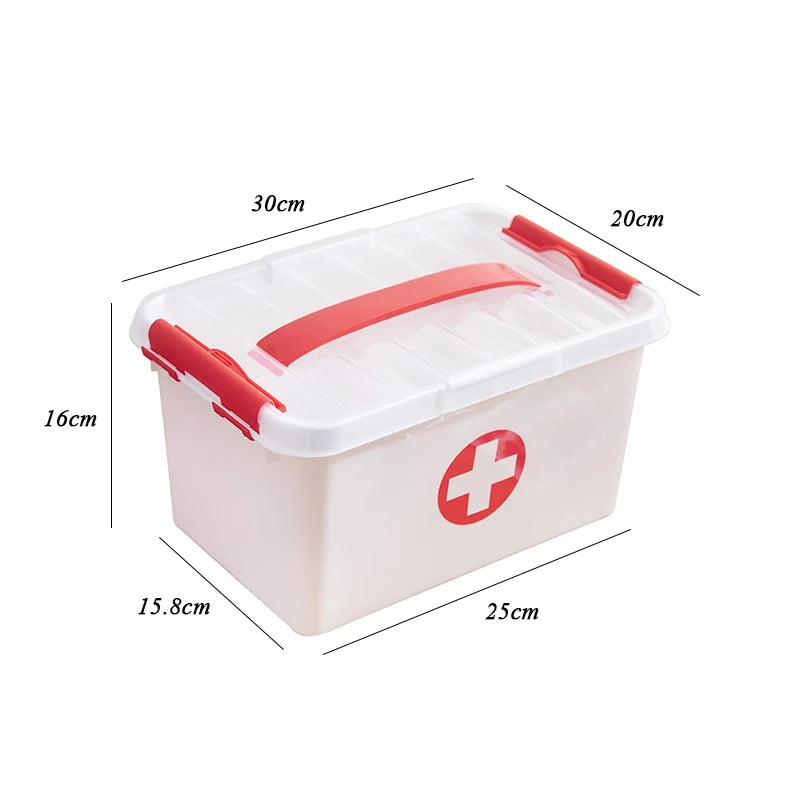 Clarify.pk first aid kit storage box with red handle and secure latches for organized medical supplies