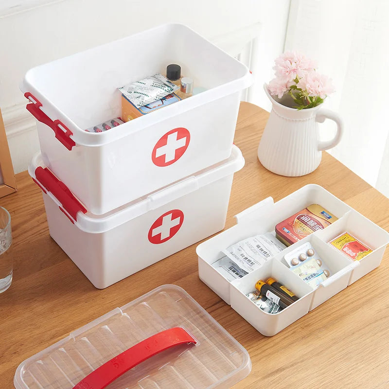 Clarify.pk first aid kit storage box with red cross symbol and removable compartments for organizing medical supplies