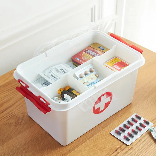 Clarify.pk first aid kit storage box with red latches and compartments for organizing medical supplies