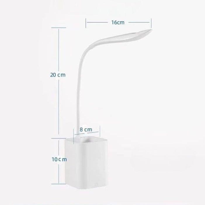 White flexible smart LED desk lamp with adjustable arm and compact base showing dimensions