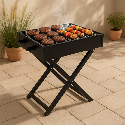 Clarify.pk black bbq grill for home use with burgers and kebabs cooking on a foldable stand