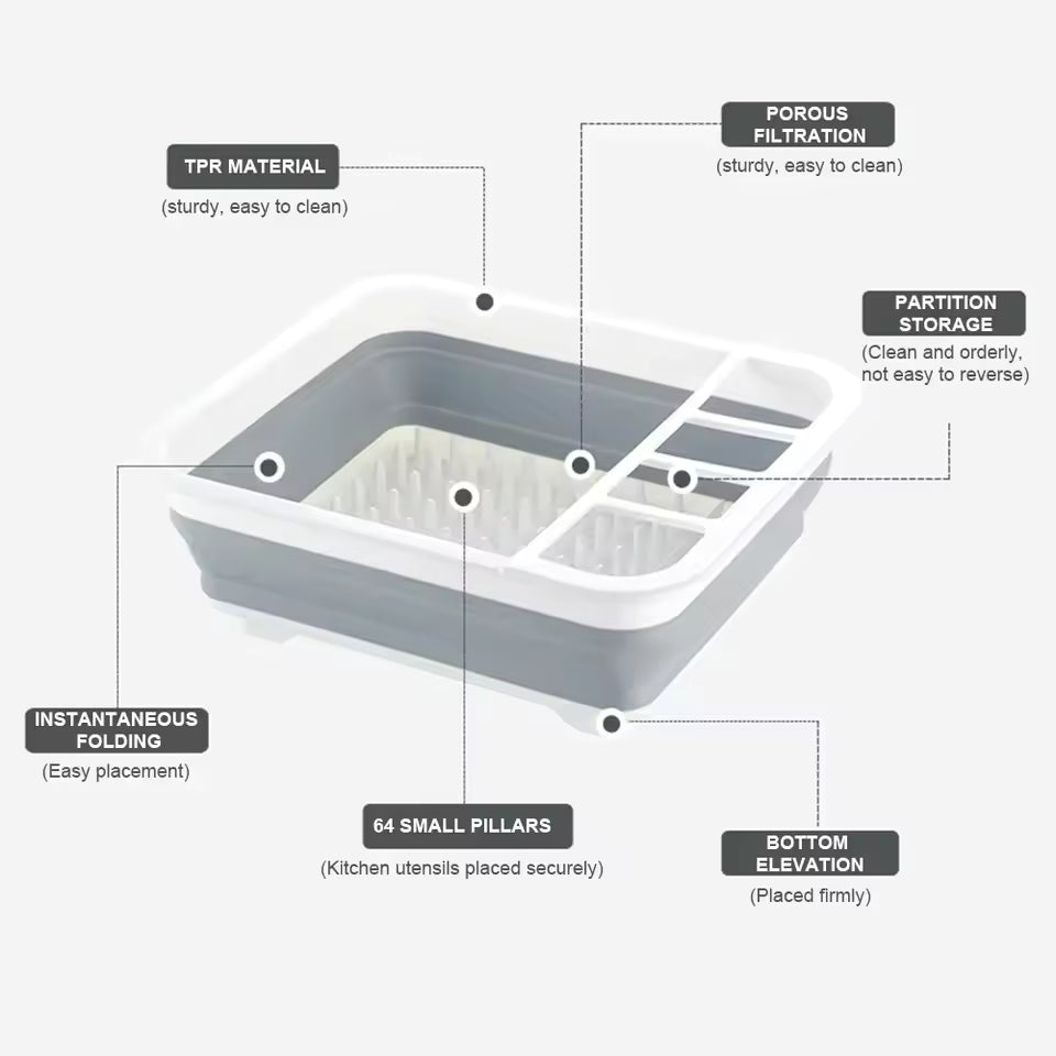 Clarify.pk foldable dish drainer rack with 64 small pillars, partition storage, and instantaneous folding design