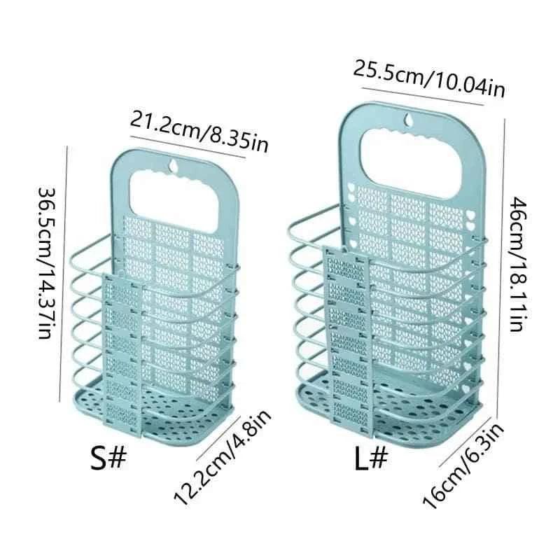 Two sizes of blue foldable laundry basket with handle and ventilation holes, dimensions shown