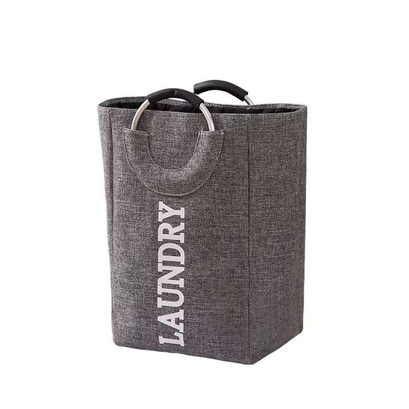 Clarify.pk foldable laundry hamper with handles in gray fabric with LAUNDRY text for storage