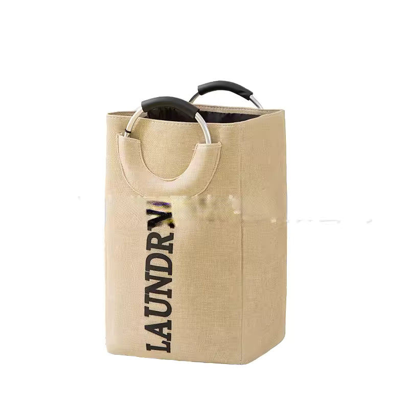 Beige foldable laundry hamper with handles and LAUNDRY print for easy storage and transport