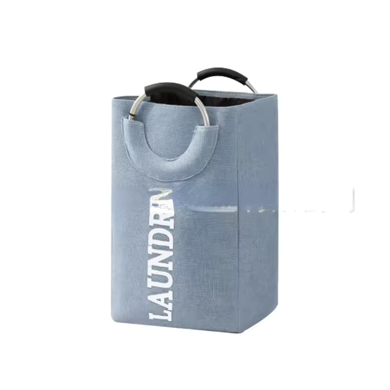 Clarify.pk foldable laundry hamper with handles in blue fabric with LAUNDRY text for storage organization