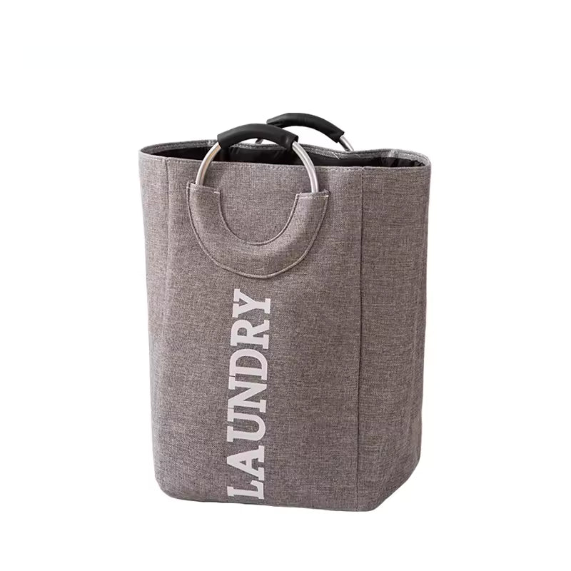 Clarify.pk foldable laundry hamper with handles in gray fabric with large laundry print