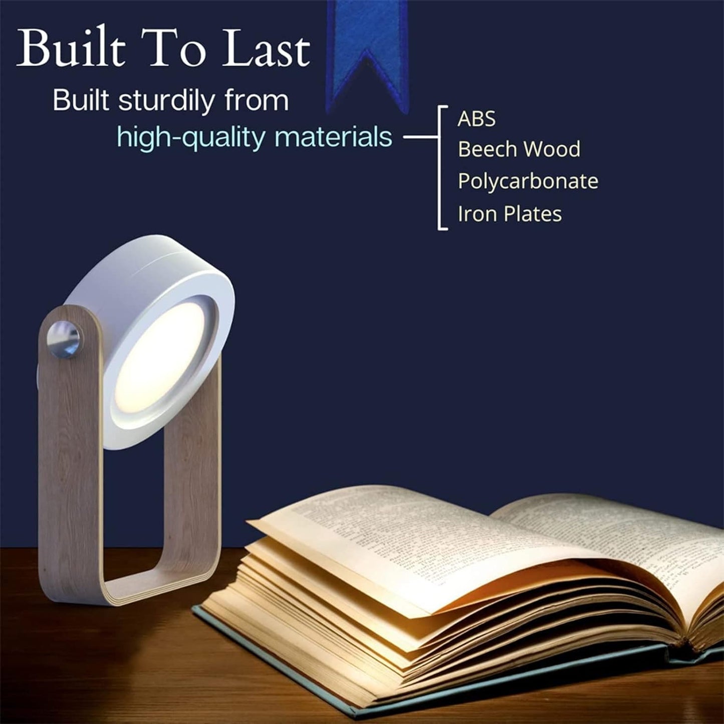 Clarify.pk foldable LED table lamp made from ABS, beech wood, polycarbonate, and iron plates illuminating an open book