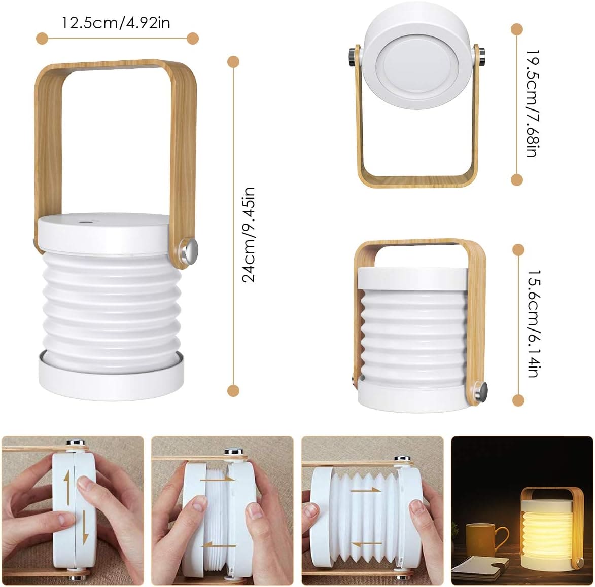 Clarify.pk foldable LED table lamp with wooden handle and collapsible white accordion design
