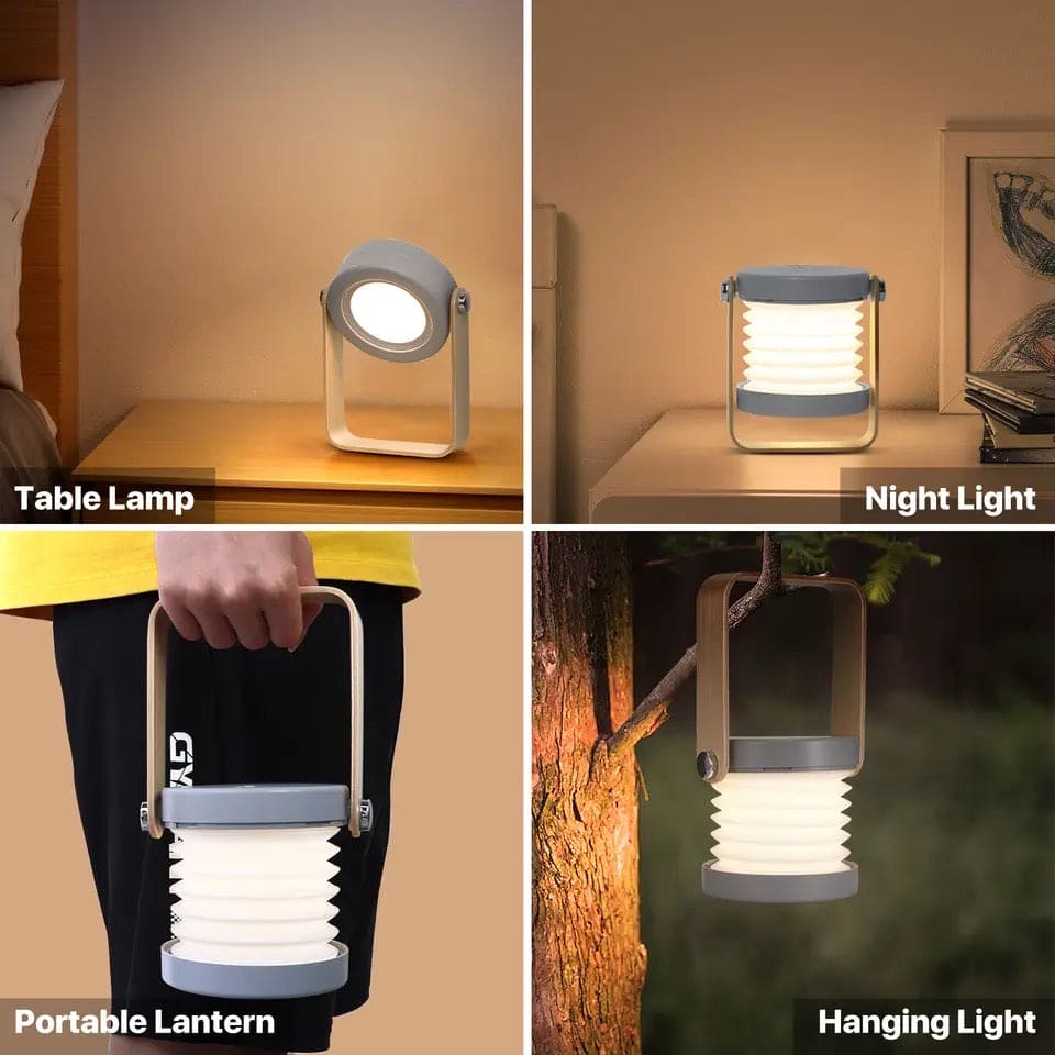 Clarify.pk foldable LED table lamp shown as table lamp night light portable lantern and hanging light