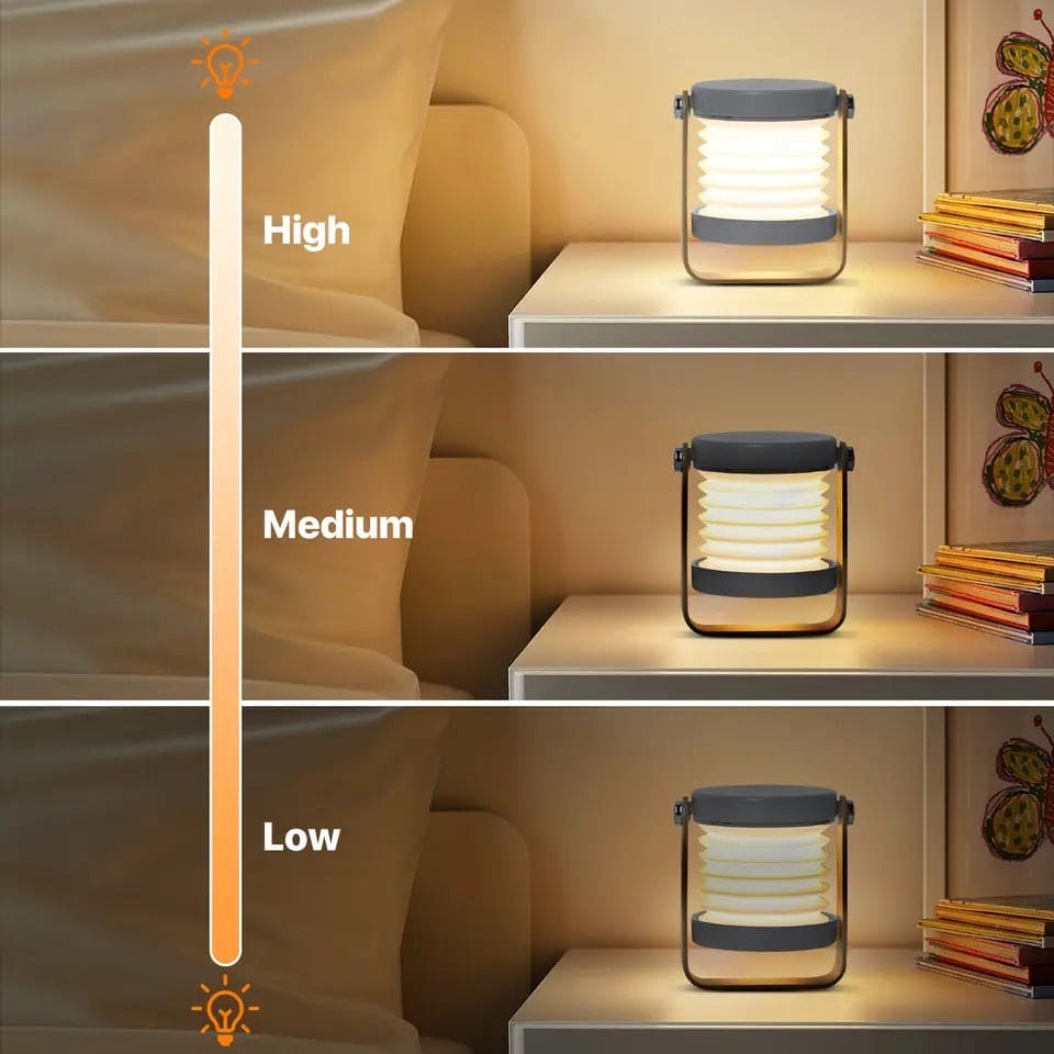 Clarify.pk foldable LED table lamp with adjustable high medium and low brightness levels on bedside table