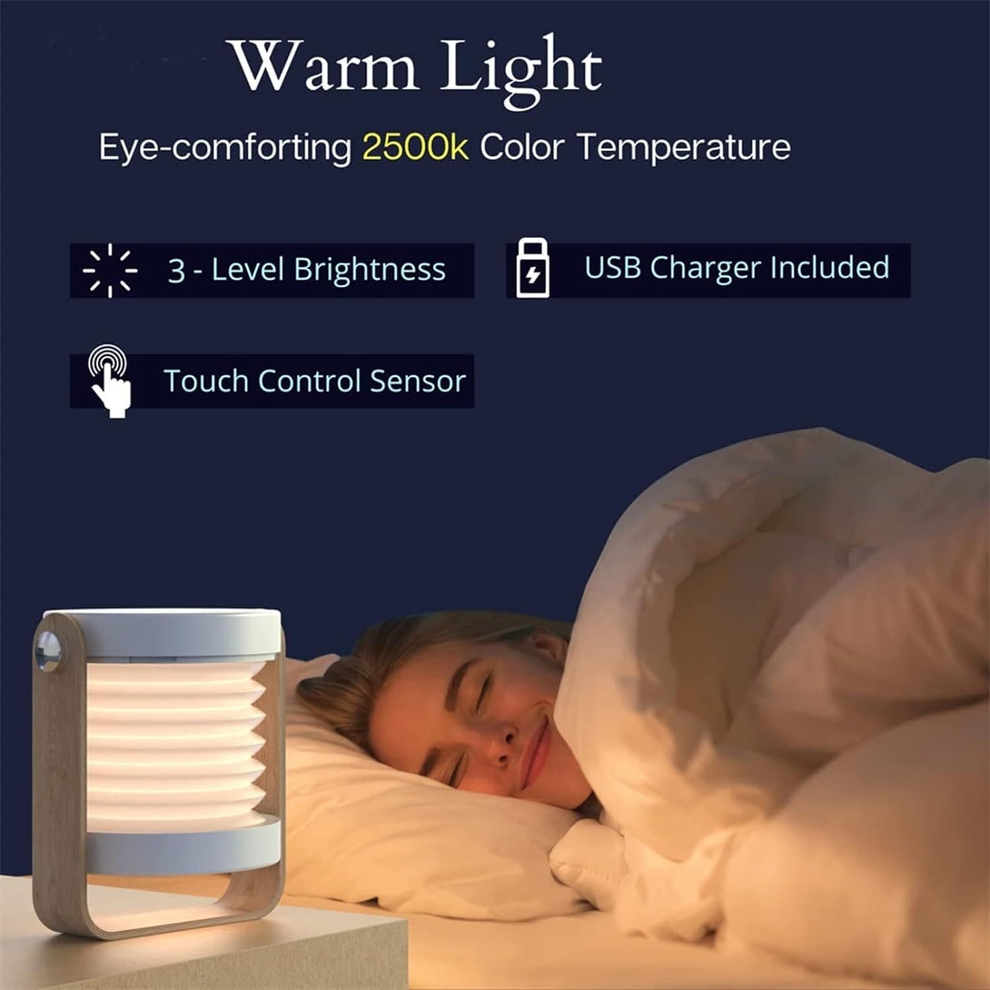 Foldable LED table lamp with warm 2500k light, 3-level brightness, USB charger, and touch control sensor