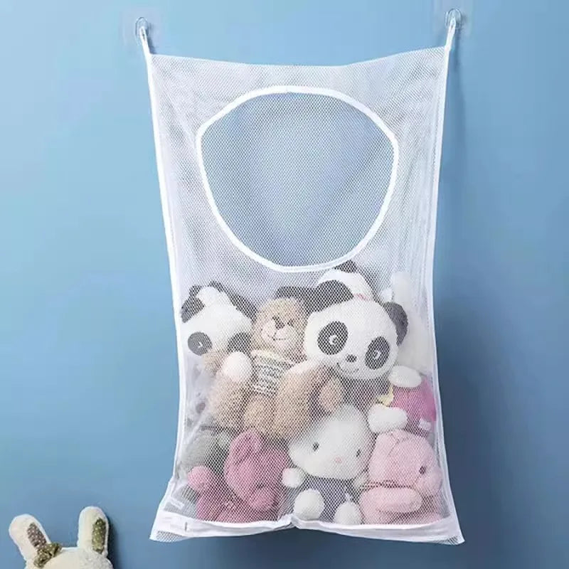 Clarify.pk foldable mesh clothes organizer wash bag hanging on wall with stuffed animals inside