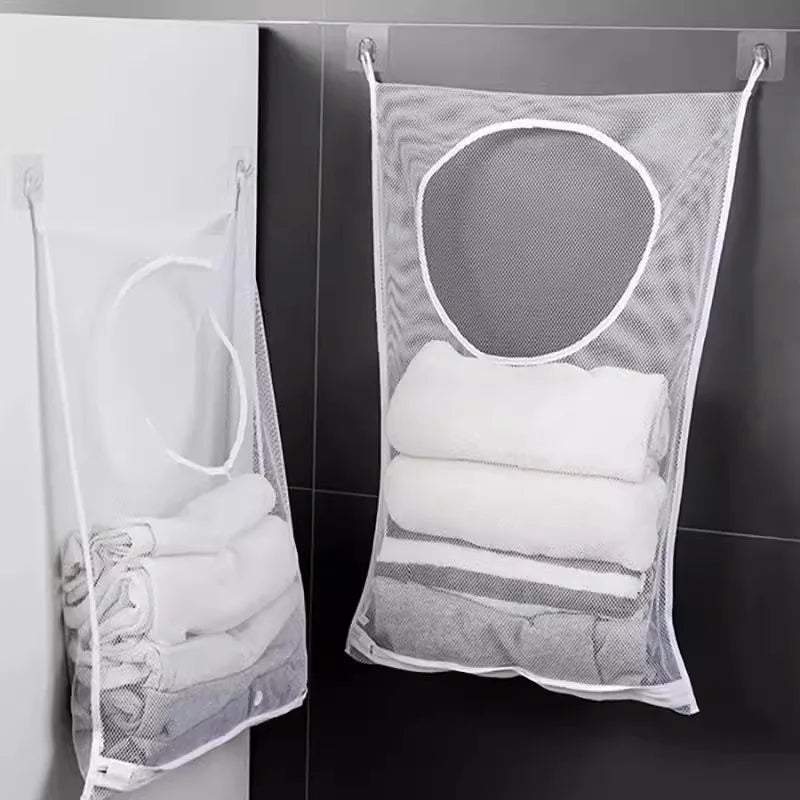 Clarify.pk foldable mesh clothes organizer wash bag hanging with white towels inside