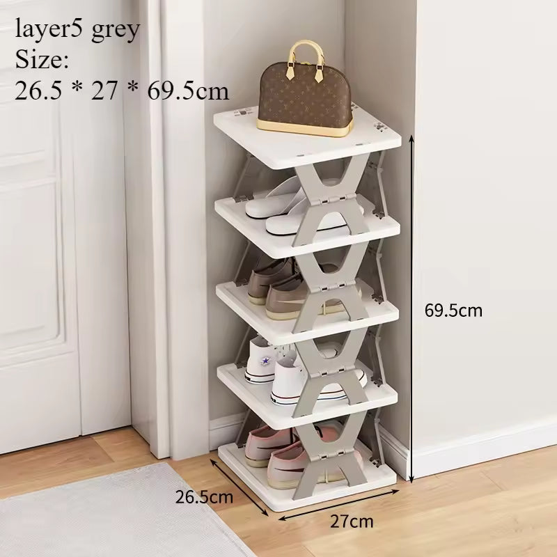 Clarify.pk foldable shoe rack in grey with five layers holding shoes and a handbag