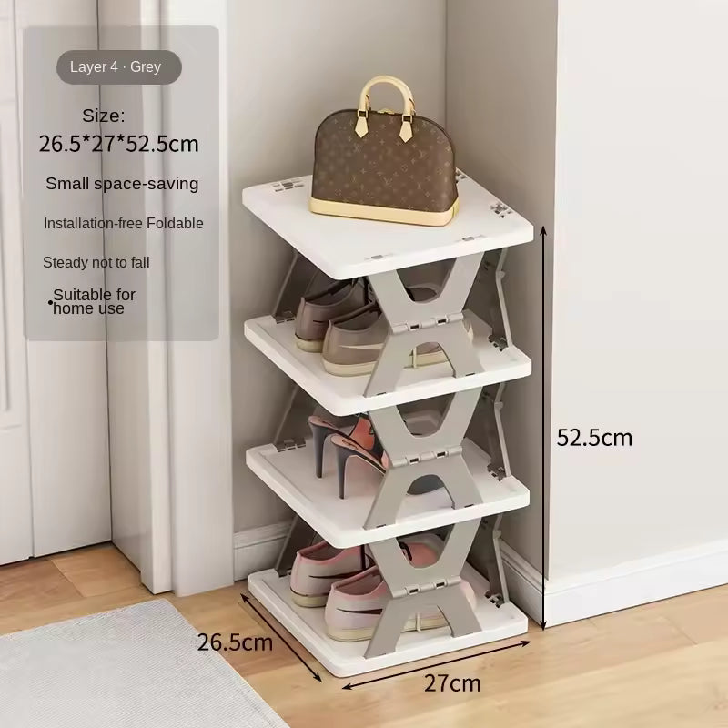 Clarify.pk foldable shoe rack in grey with four layers holding shoes and a handbag, space-saving and foldable