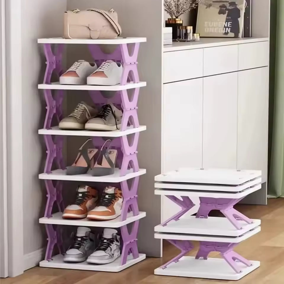 Clarify.pk foldable shoe rack in purple and white with multiple shelves holding various shoes