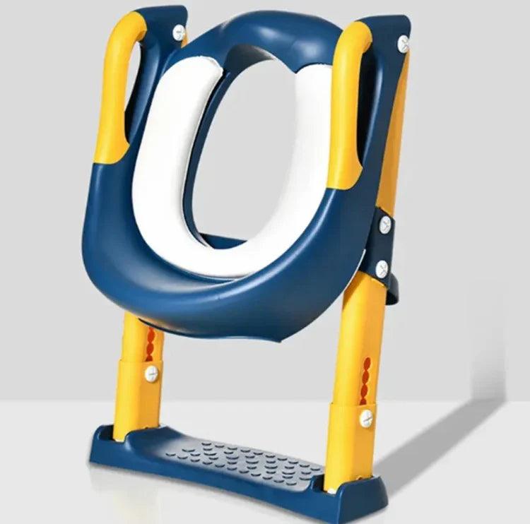 Blue and yellow foldable step stool for kids with safety handles and non-slip base